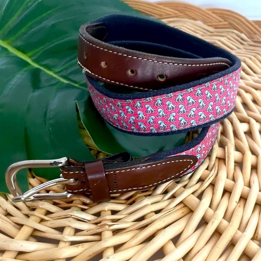 Vineyard Vines Octopus Logo Ribbon Web Leather Trim Belt Size 30 Made in USA